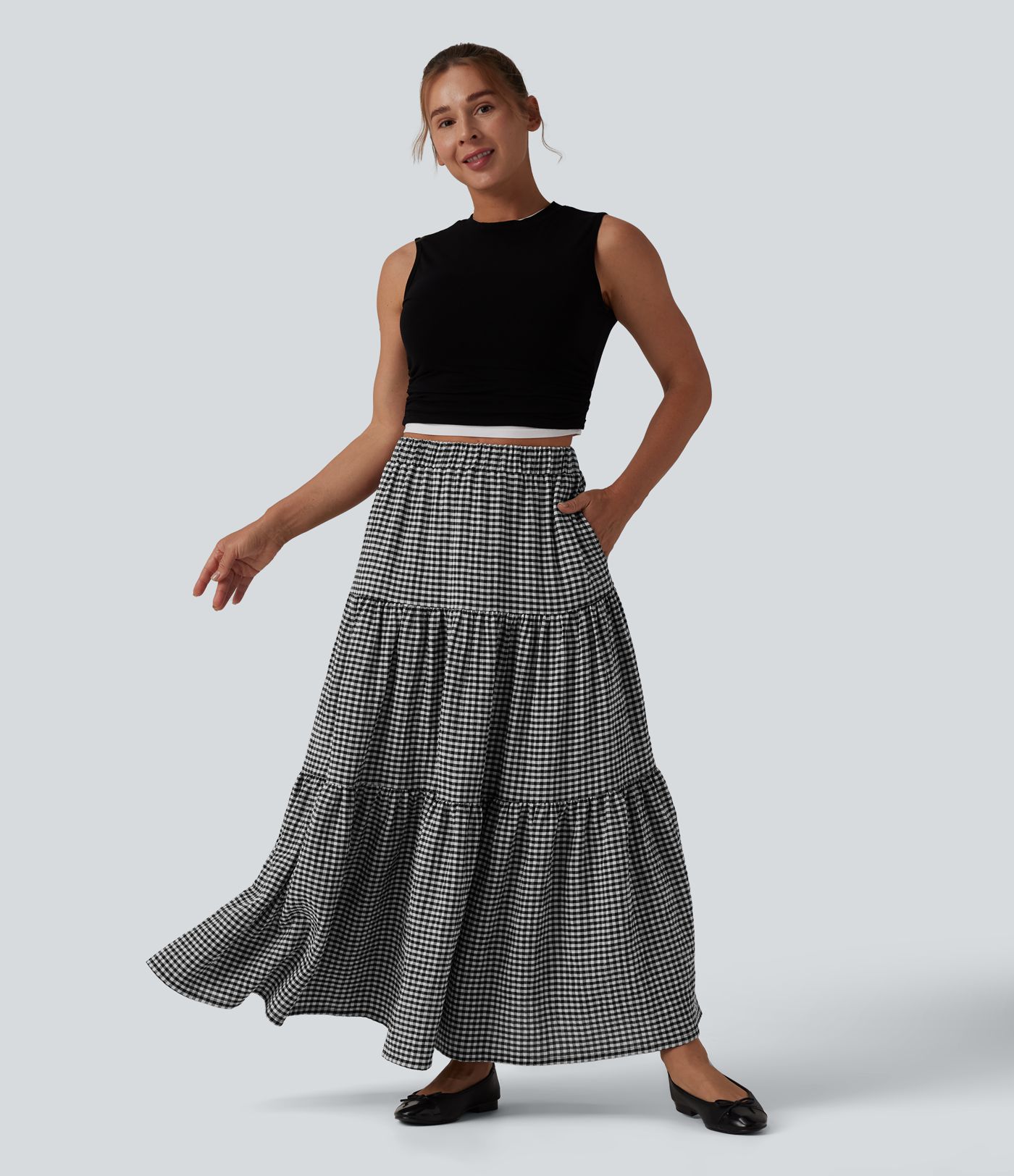 High Waisted Plaid Maxi Casual Linen-Feel Skirt