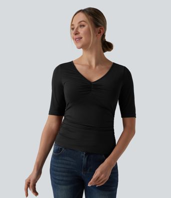 V Neck Short Sleeve Ruched Casual T-Shirt