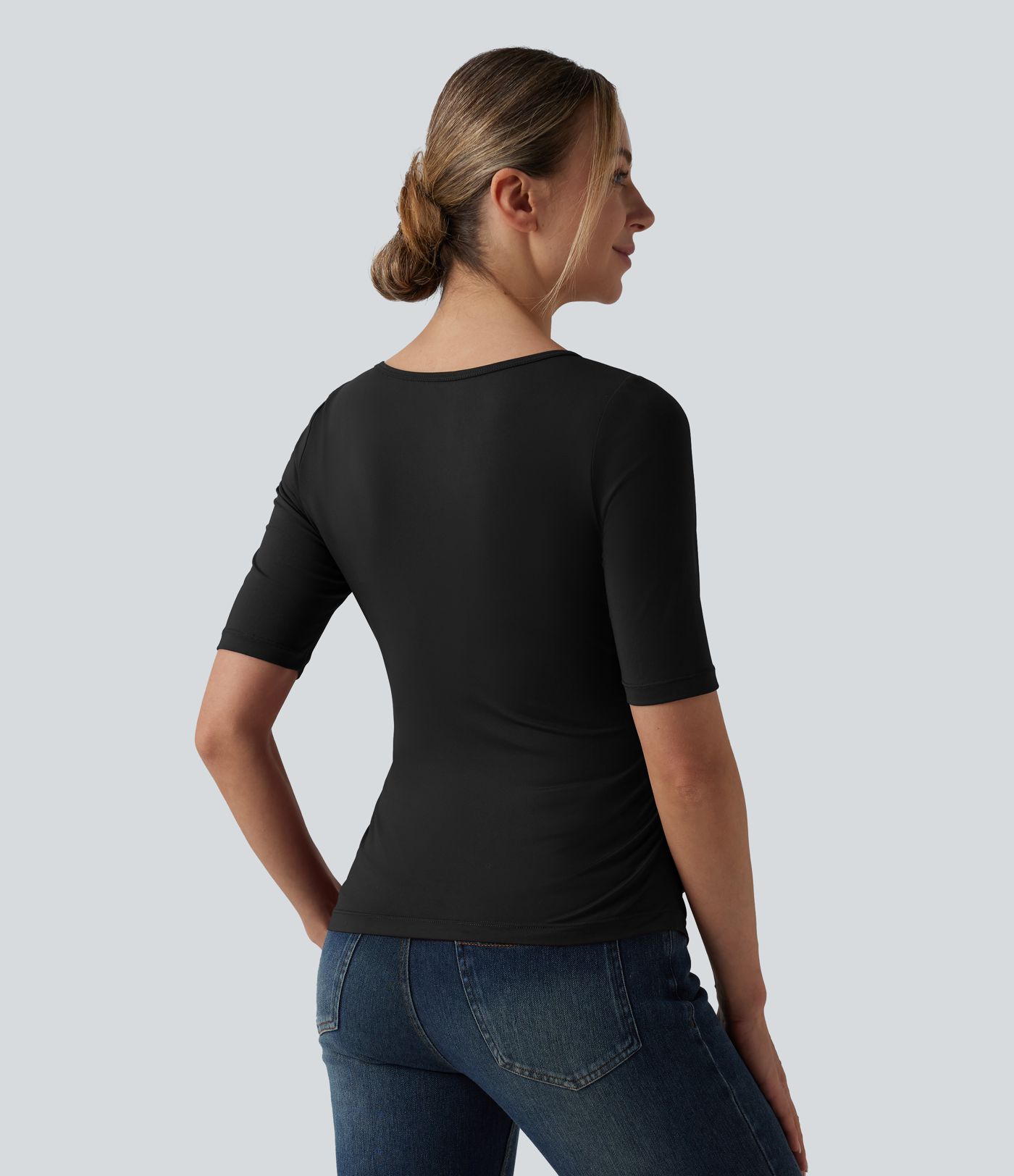 V Neck Short Sleeve Ruched Casual T-Shirt