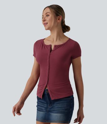 Ribbed Knit Boat Neck Short Sleeve Casual Top