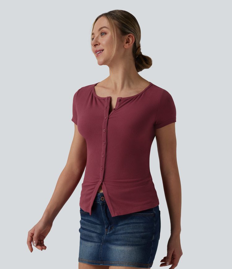 Ribbed Knit Boat Neck Short Sleeve Casual Top