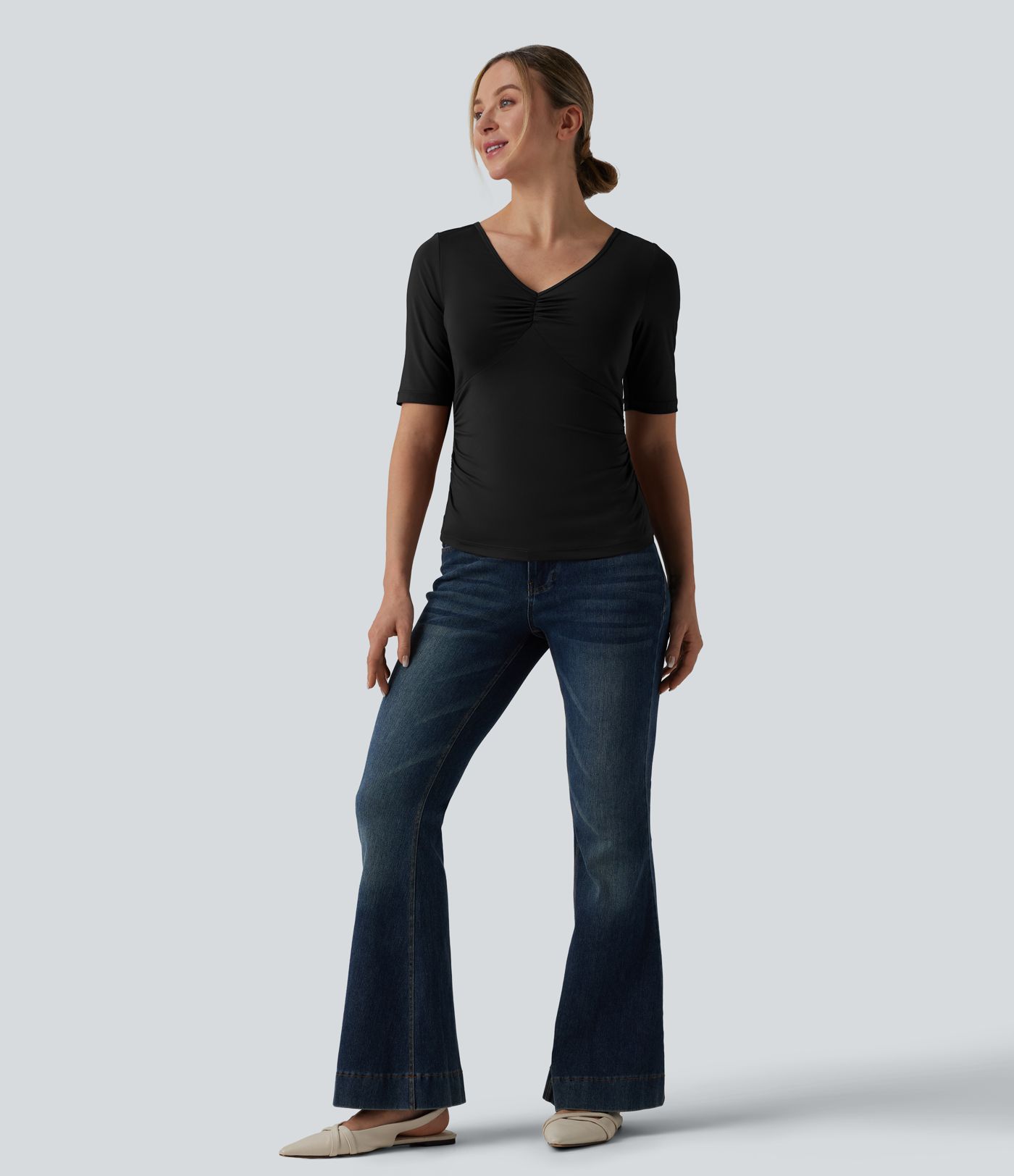 V Neck Short Sleeve Ruched Casual T-Shirt