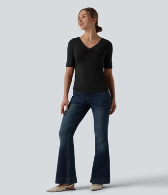 V Neck Short Sleeve Ruched Casual T-Shirt