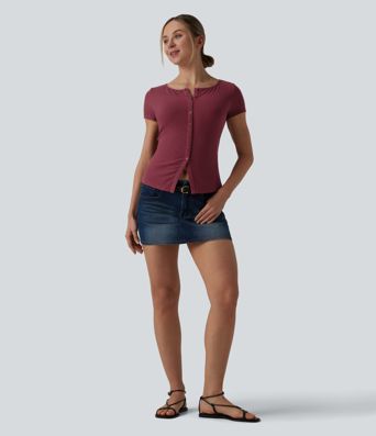 Ribbed Knit Boat Neck Short Sleeve Casual Top