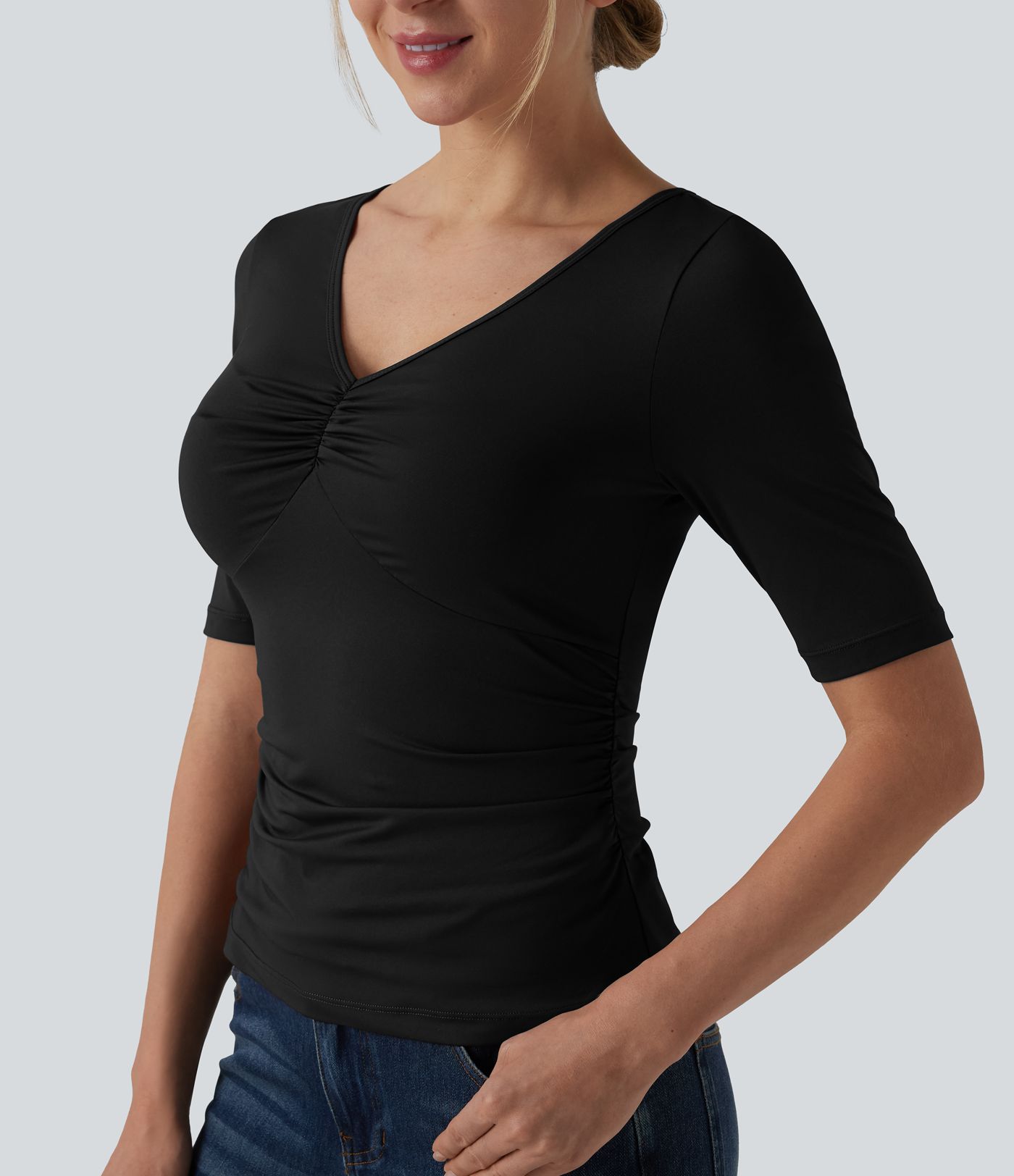 V Neck Short Sleeve Ruched Casual T-Shirt