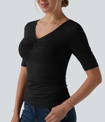 V Neck Short Sleeve Ruched Casual T-Shirt
