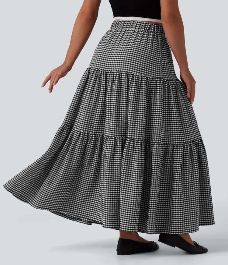 High Waisted Plaid Maxi Casual Linen-Feel Skirt