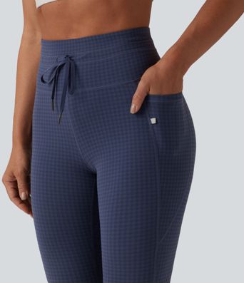 Leggings de yoga de talle alto con cordón, estampado pata de gallo, corte cónico y bolsillos