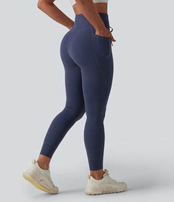 Leggings de yoga de talle alto con cordón, estampado pata de gallo, corte cónico y bolsillos