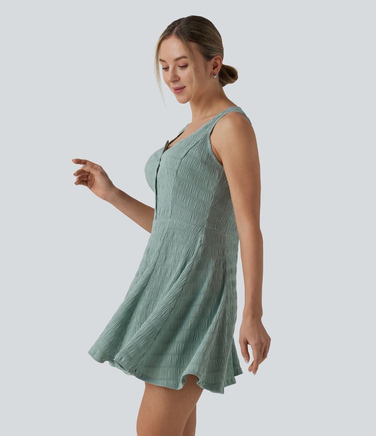 Henley Neck Sleeveless Mini Casual Dresses