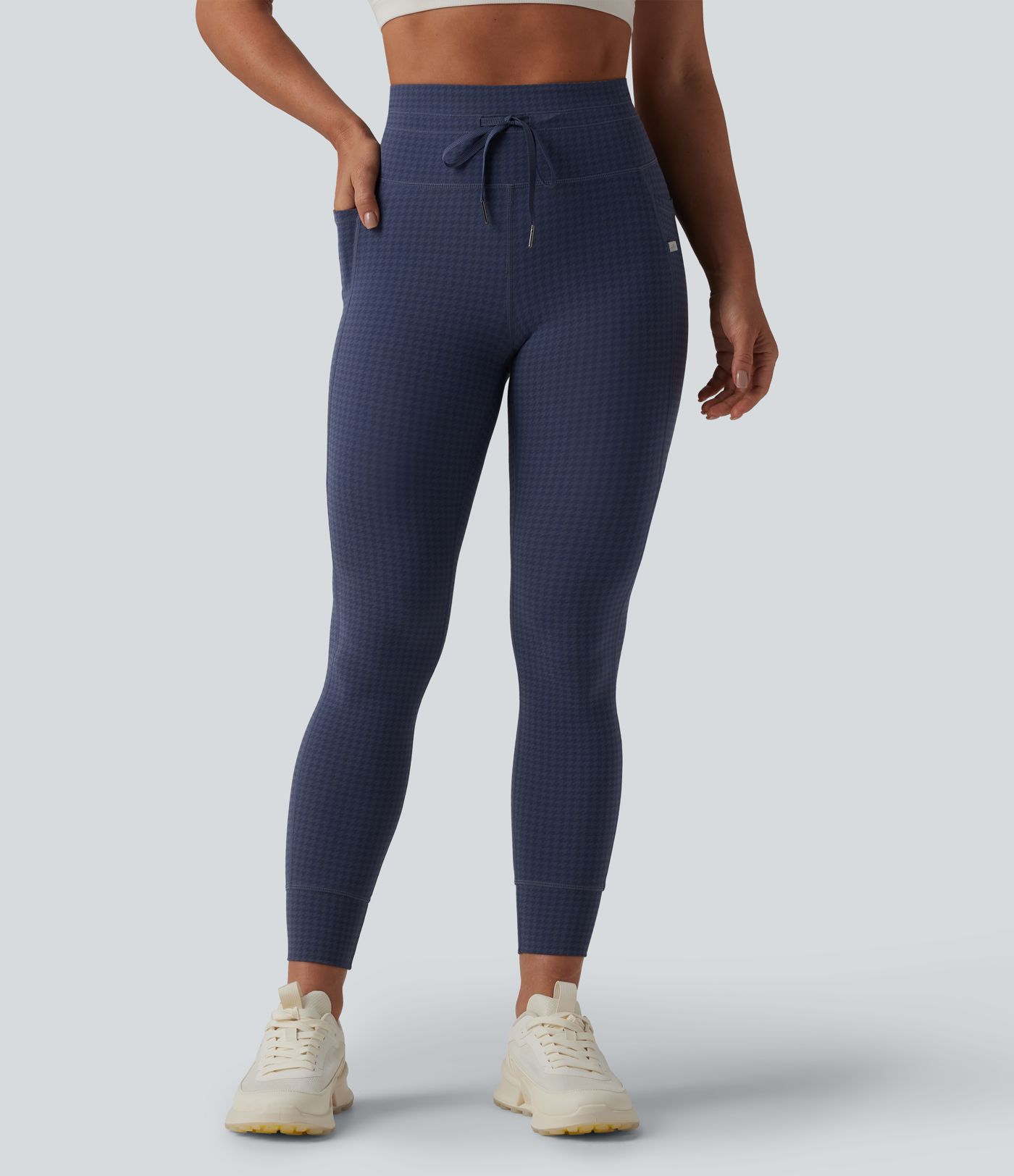 Leggings de yoga de talle alto con cordón, estampado pata de gallo, corte cónico y bolsillos