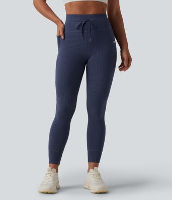 Leggings de yoga de talle alto con cordón, estampado pata de gallo, corte cónico y bolsillos