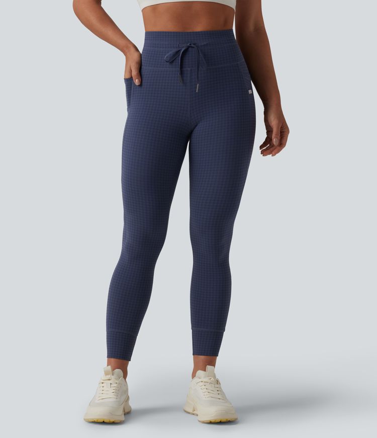 Leggings de yoga de talle alto con cordón, estampado pata de gallo, corte cónico y bolsillos