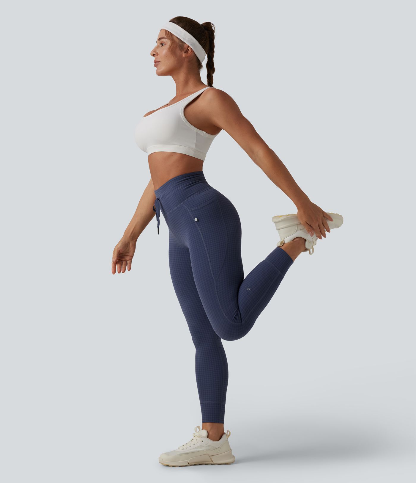 Leggings de yoga de talle alto con cordón, estampado pata de gallo, corte cónico y bolsillos