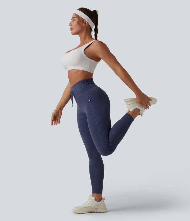 Leggings de yoga de talle alto con cordón, estampado pata de gallo, corte cónico y bolsillos