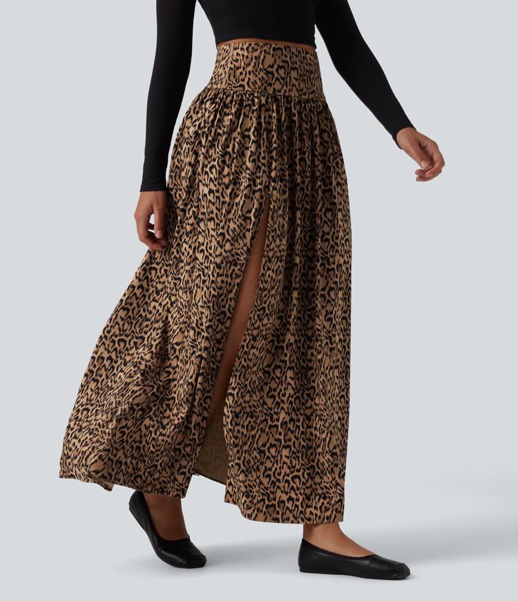 Jupe longue décontractée 2-en-1 taille haute imprimé léopard