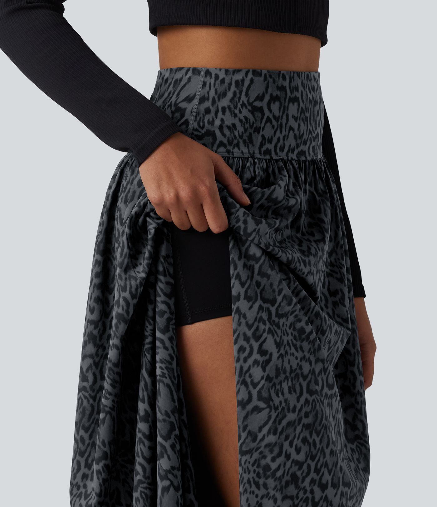 Falda maxi casual de talle alto 2 en 1 con estampado de leopardo