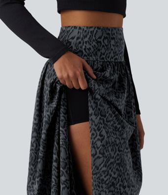 Falda maxi casual de talle alto 2 en 1 con estampado de leopardo