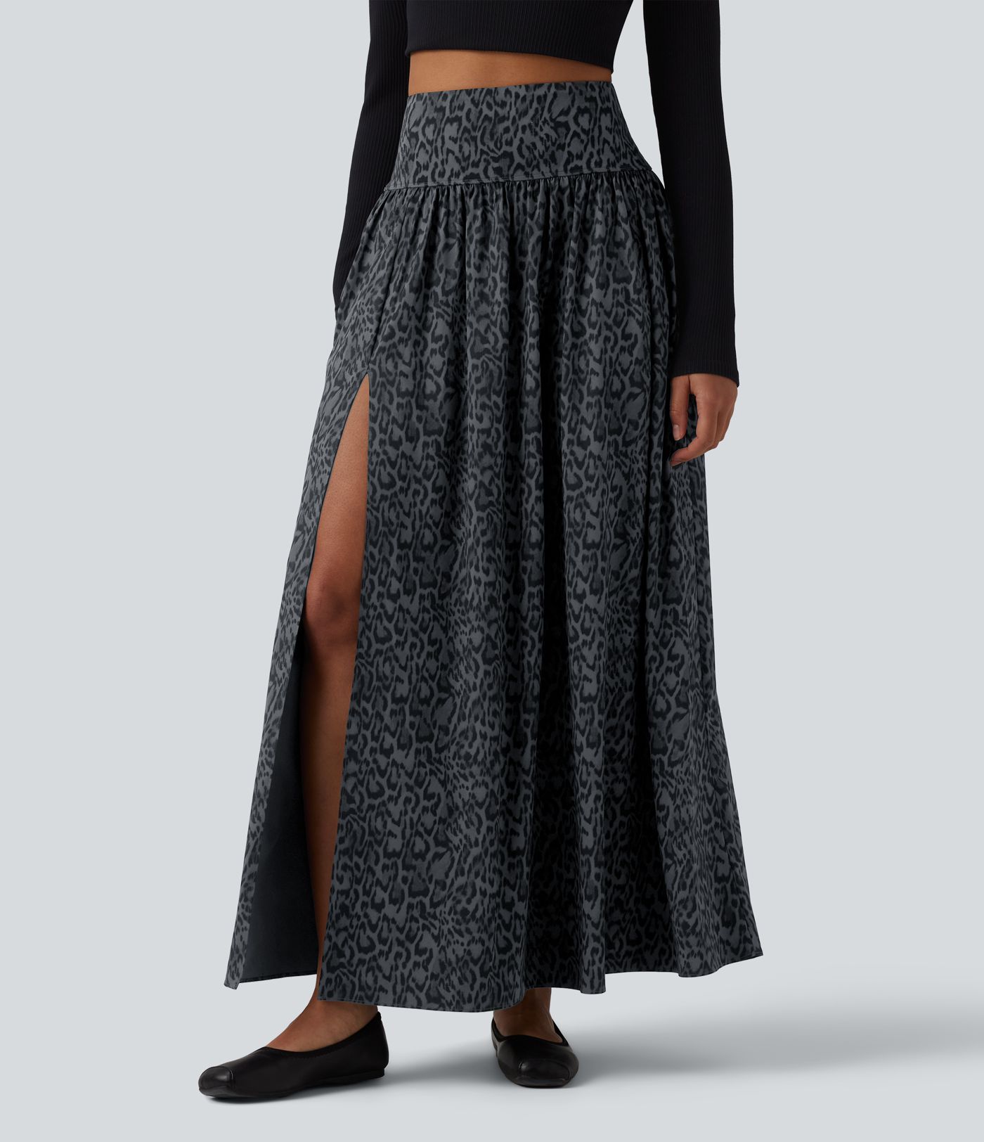 Falda maxi casual de talle alto 2 en 1 con estampado de leopardo