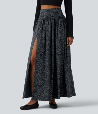 Falda maxi casual de talle alto 2 en 1 con estampado de leopardo