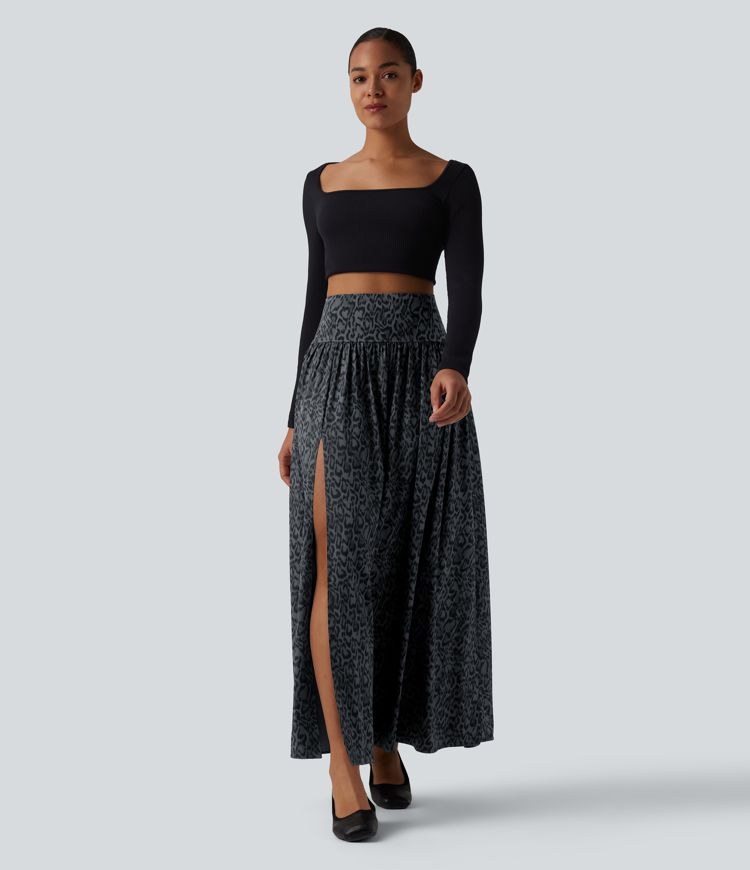 Falda maxi casual de talle alto 2 en 1 con estampado de leopardo