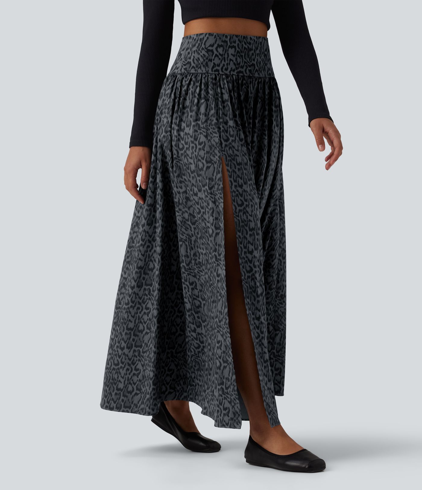 Falda maxi casual de talle alto 2 en 1 con estampado de leopardo