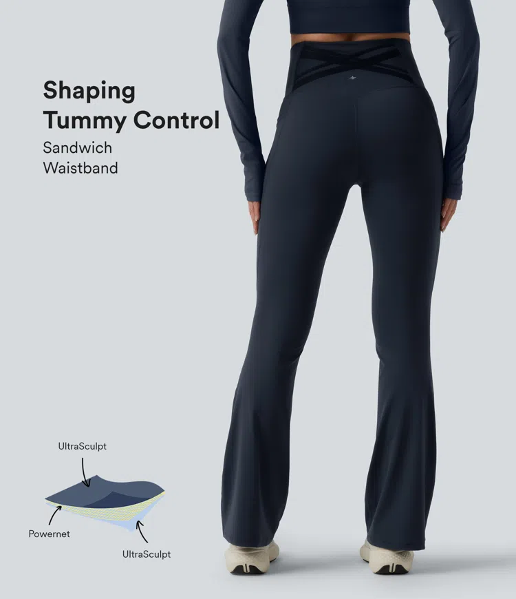 Halara Ultrasculpt™ High Waisted Tummy Control Crossover Back Bootcut Workout Leggings with Pockets