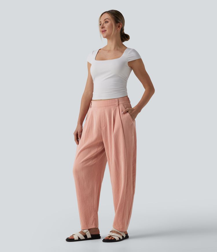 Lässige Hose in Leinenoptik mit mittelhohem Bund, Seitentaschen und Barrel-Leg