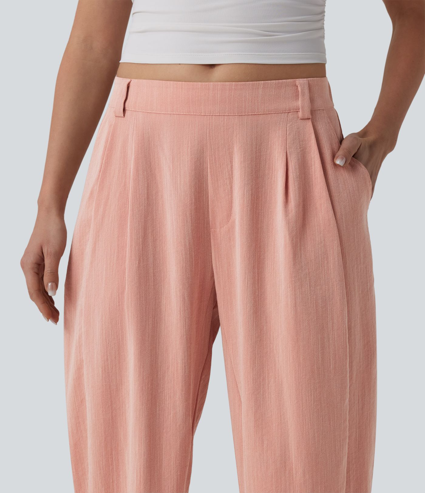 Mid Rise Barrel Leg Casual Linen-Feel Pants with Pockets
