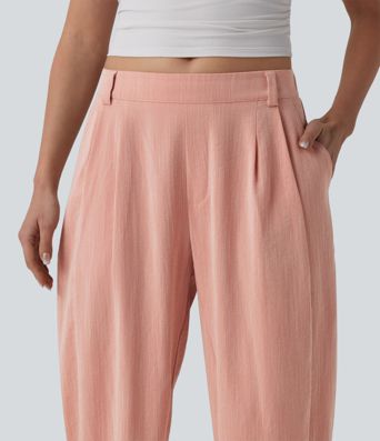 Mid Rise Barrel Leg Casual Linen-Feel Pants with Pockets
