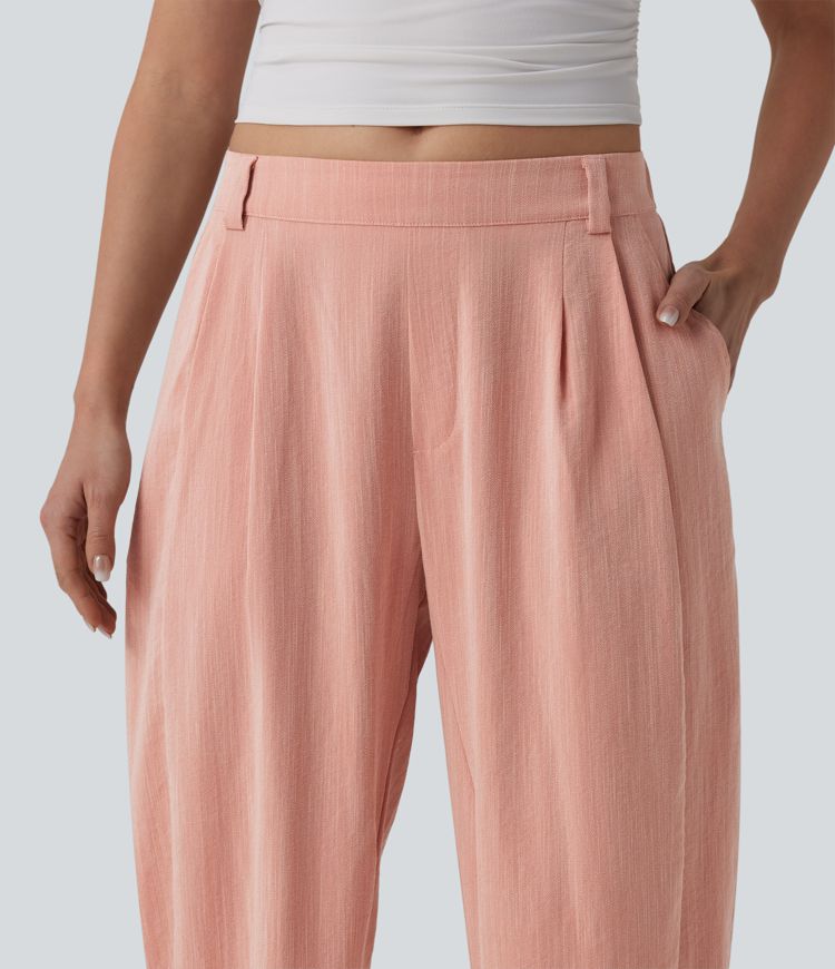 Mid Rise Barrel Leg Casual Linen-Feel Pants with Pockets