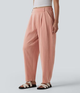 Mid Rise Barrel Leg Casual Linen-Feel Pants with Pockets