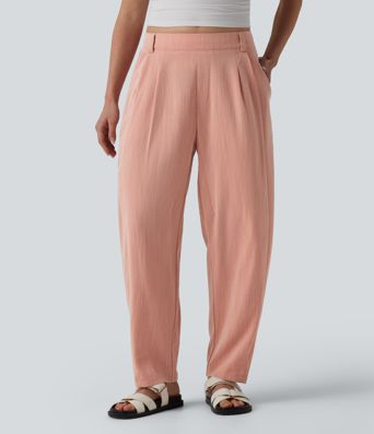 Lässige Hose in Leinenoptik mit mittelhohem Bund, Seitentaschen und Barrel-Leg