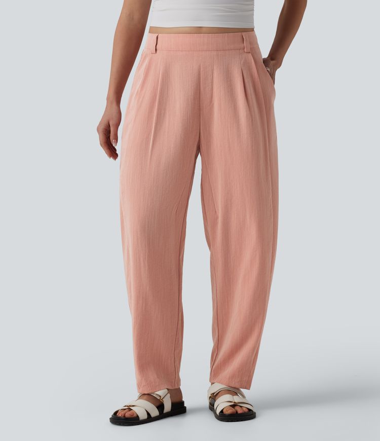 Lässige Hose in Leinenoptik mit mittelhohem Bund, Seitentaschen und Barrel-Leg