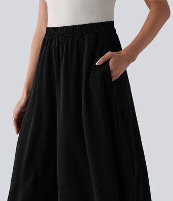 High Waisted Flowy Linen-Feel Pants with Pockets