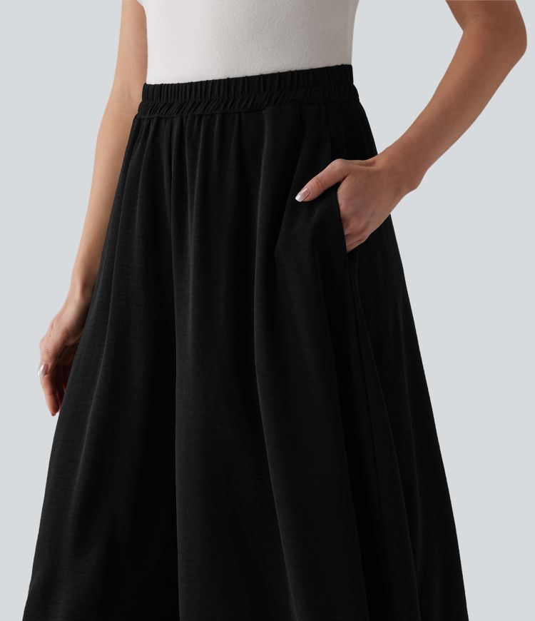 High Waisted Flowy Linen-Feel Pants with Pockets