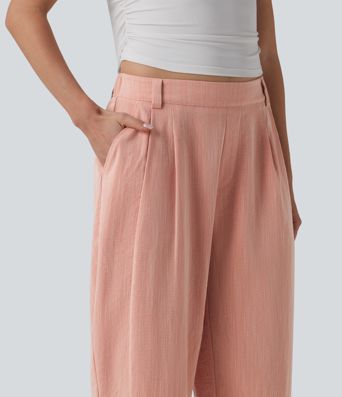 Mid Rise Barrel Leg Casual Linen-Feel Pants with Pockets