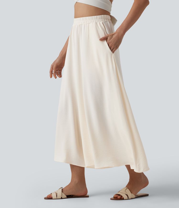 High Waisted Flowy Linen-Feel Pants with Pockets