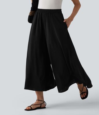 High Waisted Flowy Linen-Feel Pants with Pockets