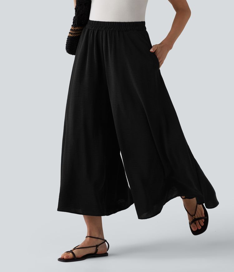 High Waisted Flowy Linen-Feel Pants with Pockets