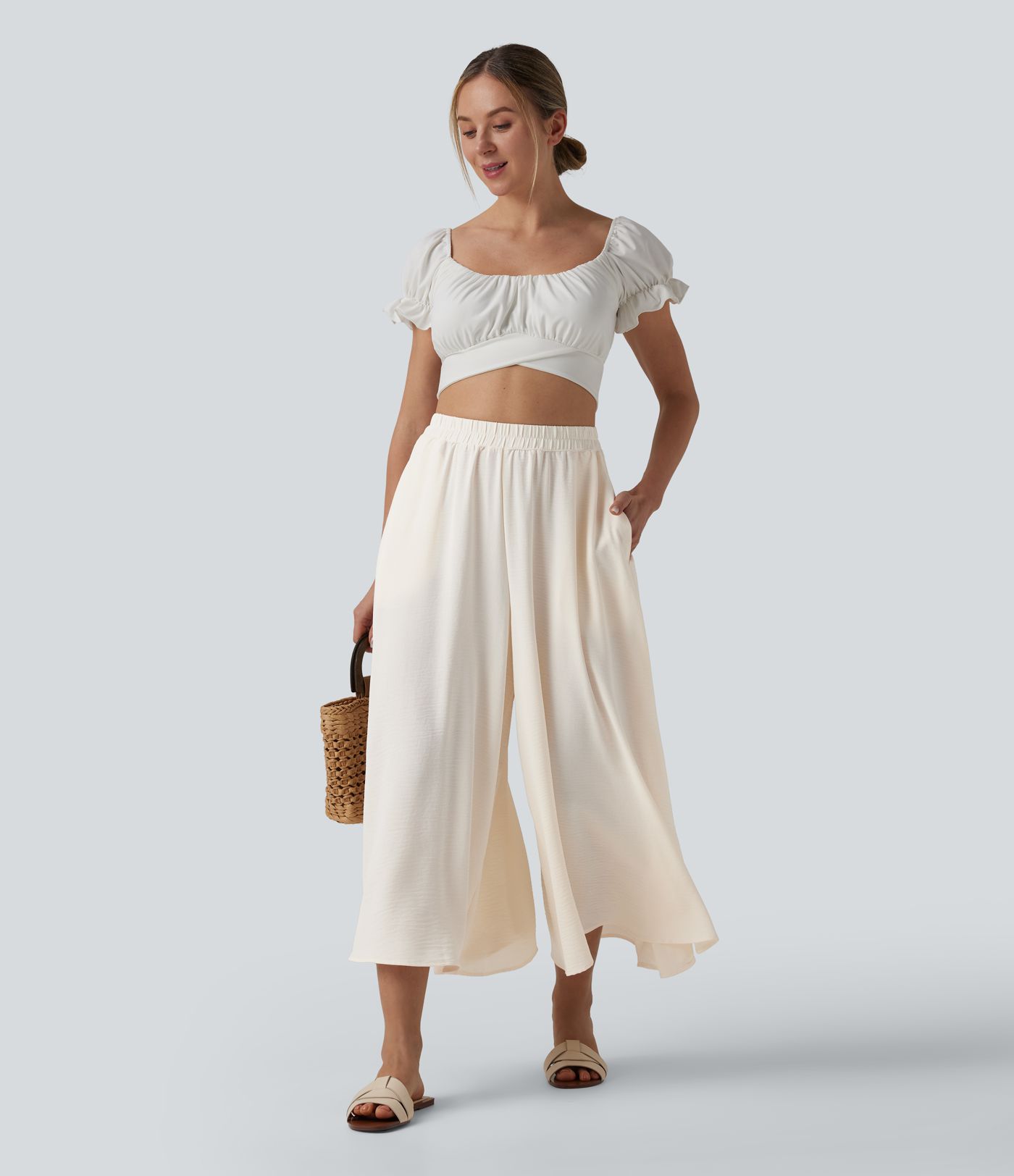 High Waisted Flowy Linen-Feel Pants with Pockets