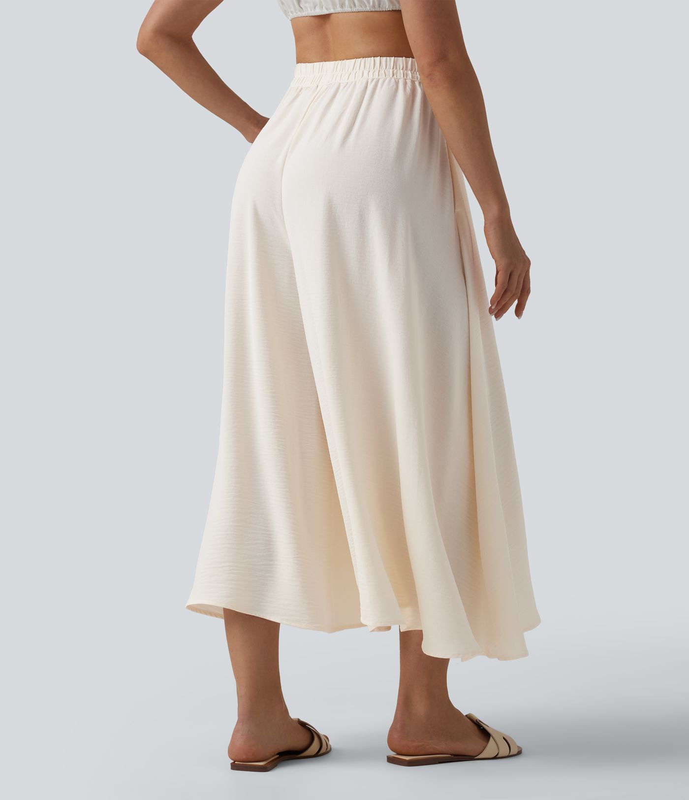 High Waisted Flowy Linen-Feel Pants with Pockets