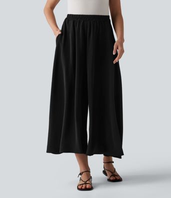 High Waisted Flowy Linen-Feel Pants with Pockets