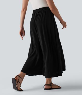 High Waisted Flowy Linen-Feel Pants with Pockets