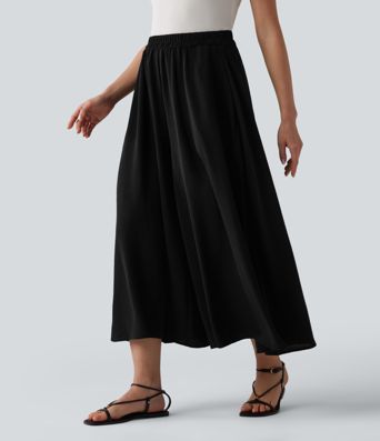 High Waisted Flowy Linen-Feel Pants with Pockets