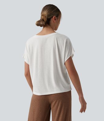 V Neck Short Sleeve Casual Linen-Blend T-Shirt