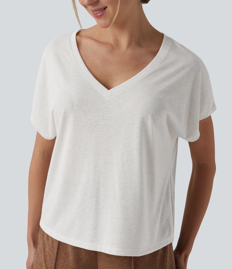 V Neck Short Sleeve Casual Linen-Blend T-Shirt