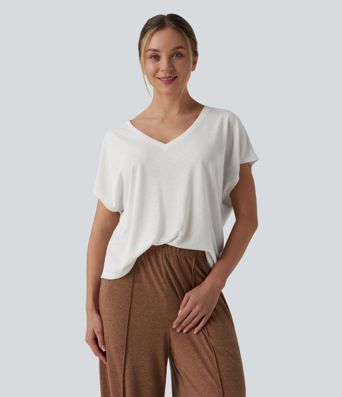 V Neck Short Sleeve Casual Linen-Blend T-Shirt