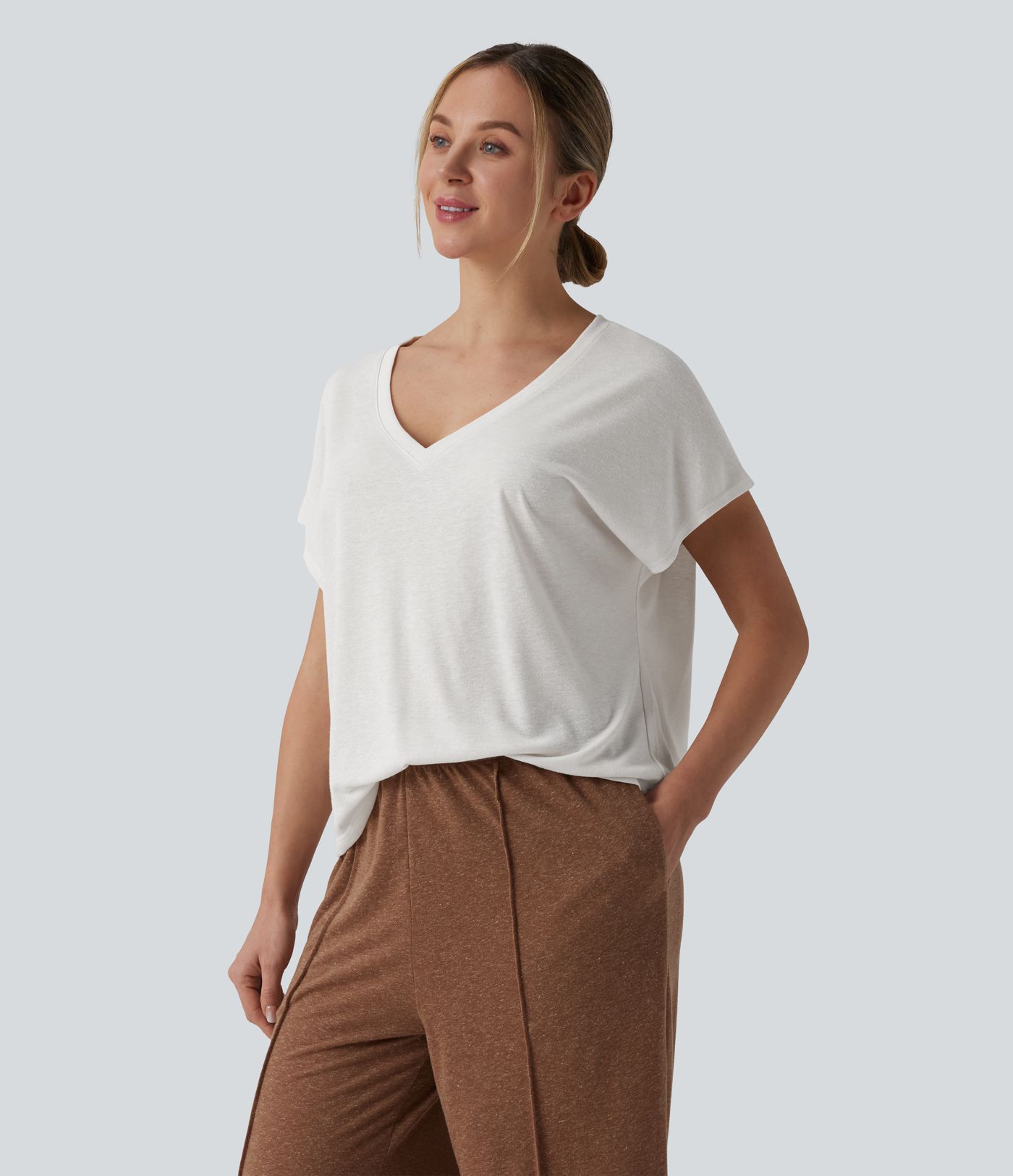 V Neck Short Sleeve Casual Linen-Blend T-Shirt