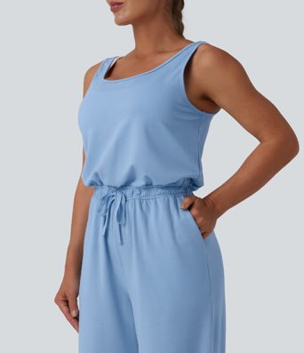 U Neck Scoop Back Drawstring Casual Jumpsuit with Pockets